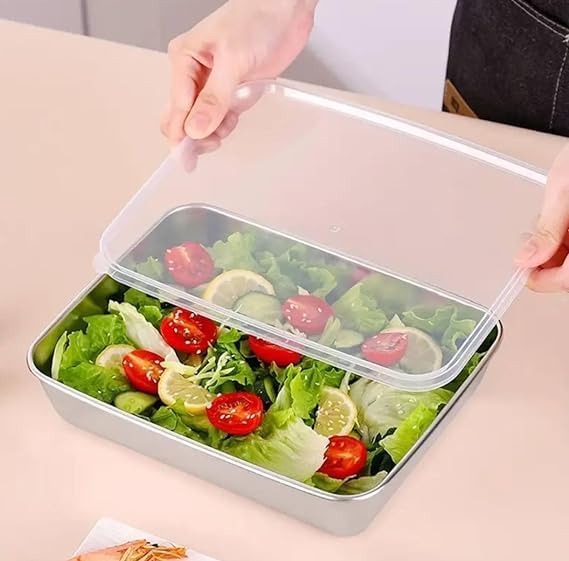 Stainless Steel Storage Plate, Baking Tray, Non Stick Baking Pan Food Storage Box with Cover Pan.